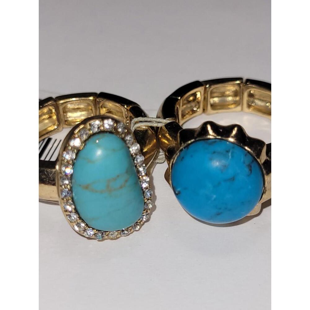 Goldtone ViVI Stretch Band Two Rings Imitation Turquoise  Clear Rhinestone Halo